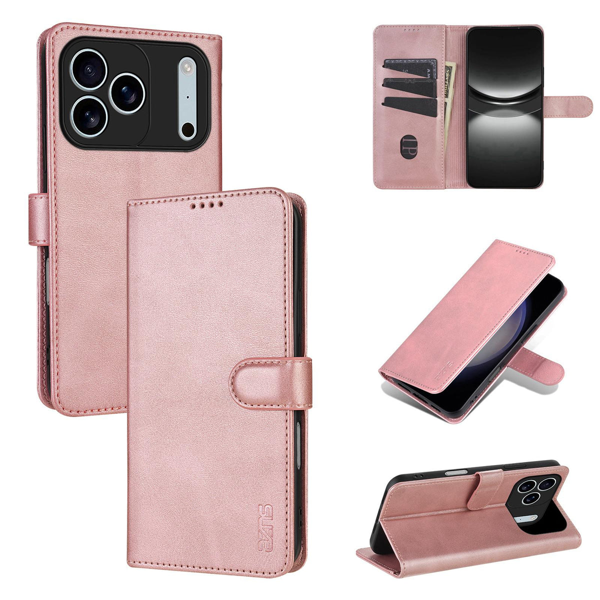 Compatible with iPhone 18 Pro AZNS Skin Feel Calf Texture Flip Leather Phone Case - Rose Gold