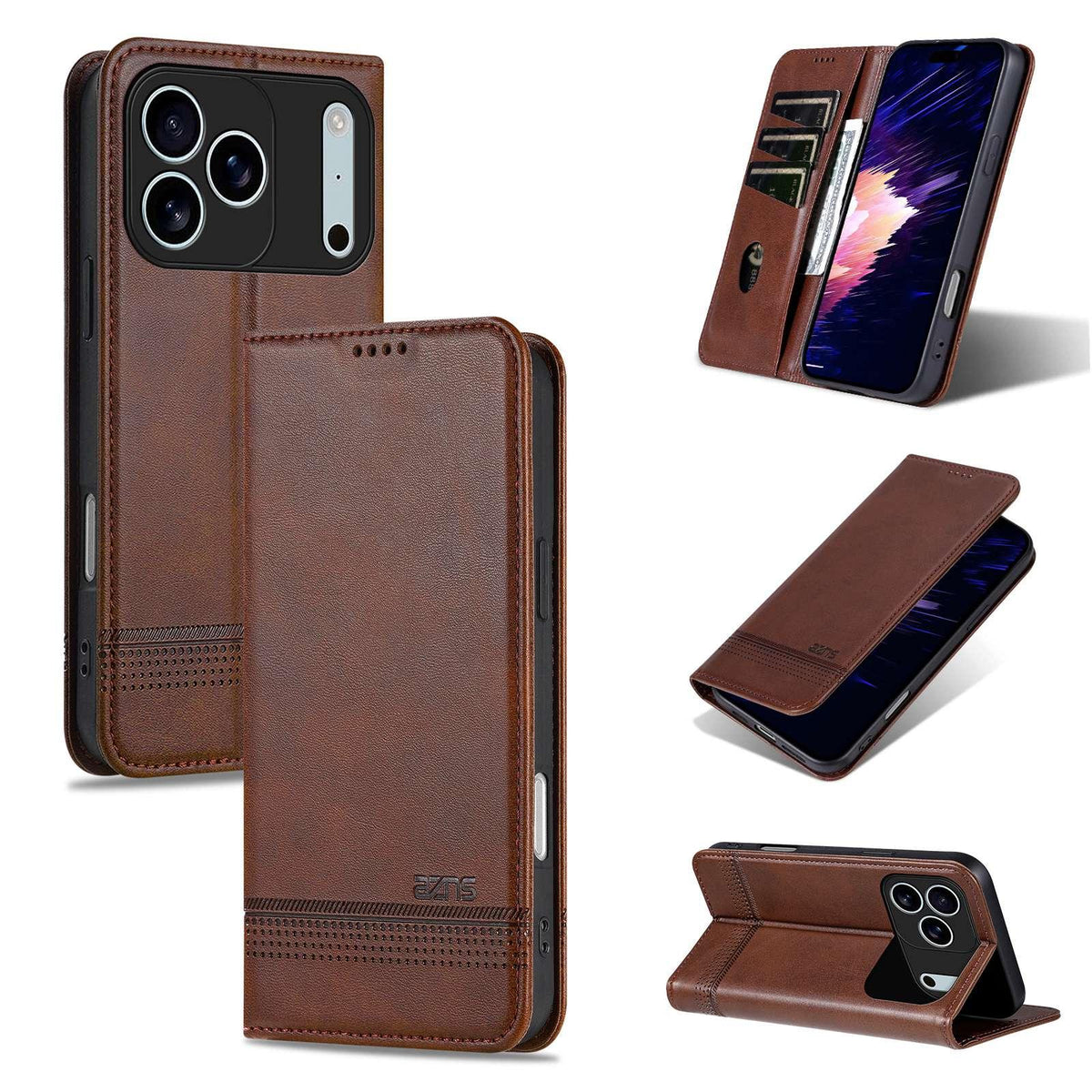 Compatible with iPhone 18 Pro Max AZNS Magnetic Calf Texture Flip Leather Phone Case - Dark Brown