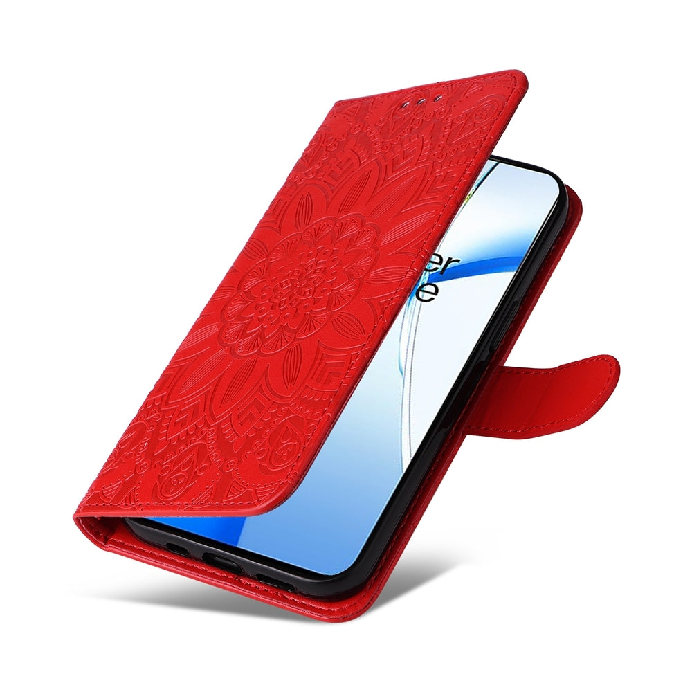 For OPPO K12 Embossed Sunflower Leather Phone Case(Red)