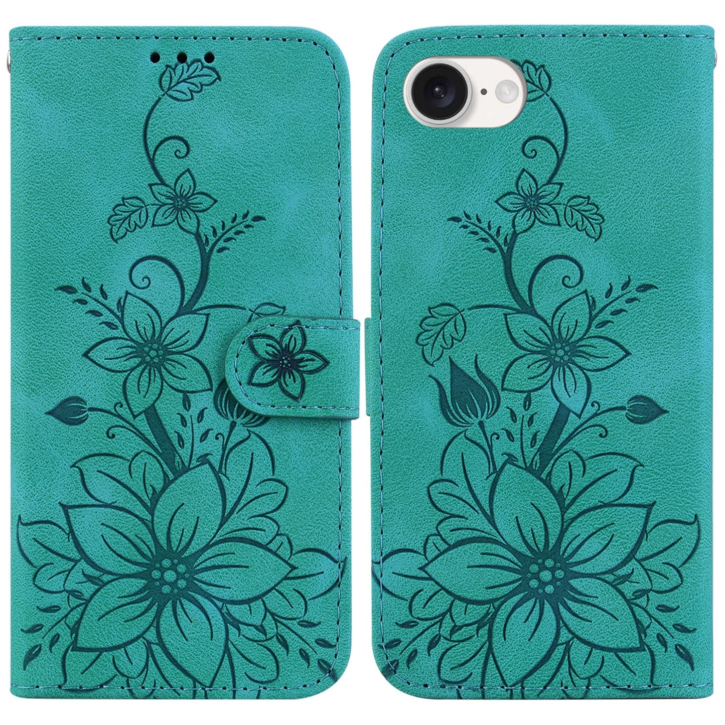 For iPhone 16e Lily Embossed Leather Phone Case(Green)