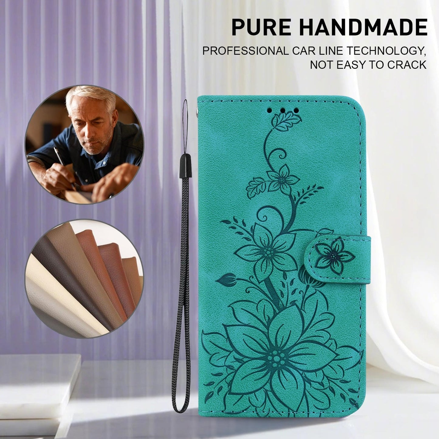 For iPhone 16e Lily Embossed Leather Phone Case(Green)
