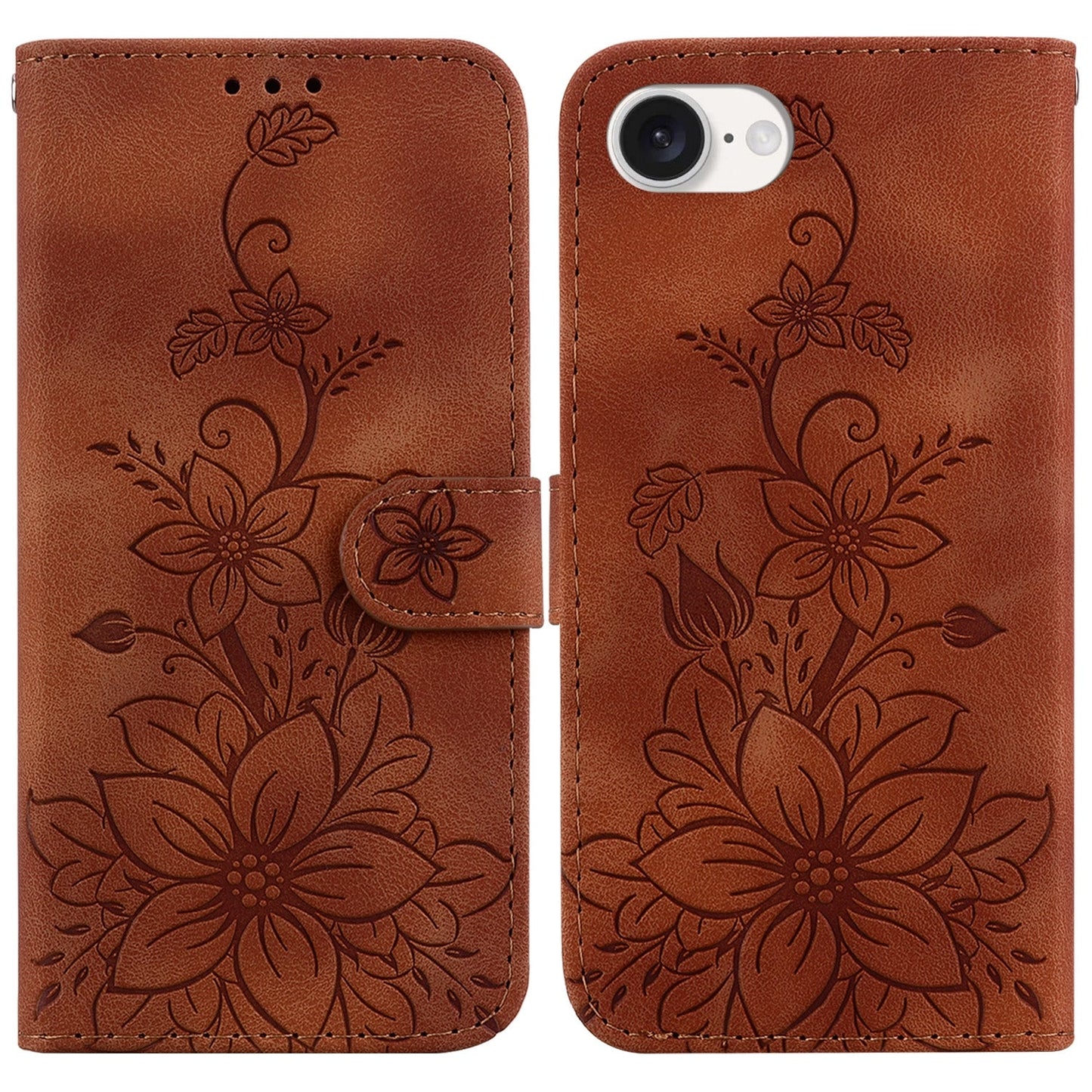 For iPhone 16e Lily Embossed Leather Phone Case(Brown)