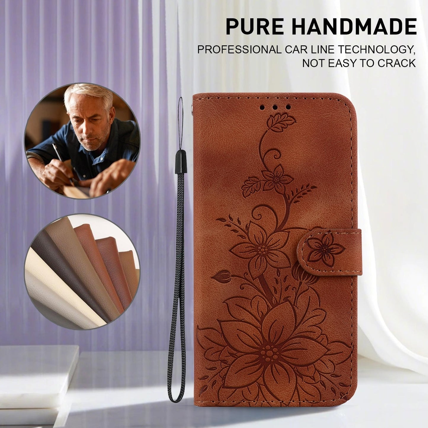 For iPhone 16e Lily Embossed Leather Phone Case(Brown)