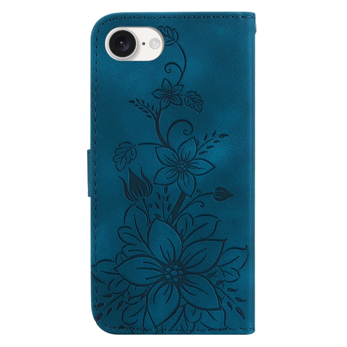 For iPhone 16e Lily Embossed Leather Phone Case(Dark Blue)