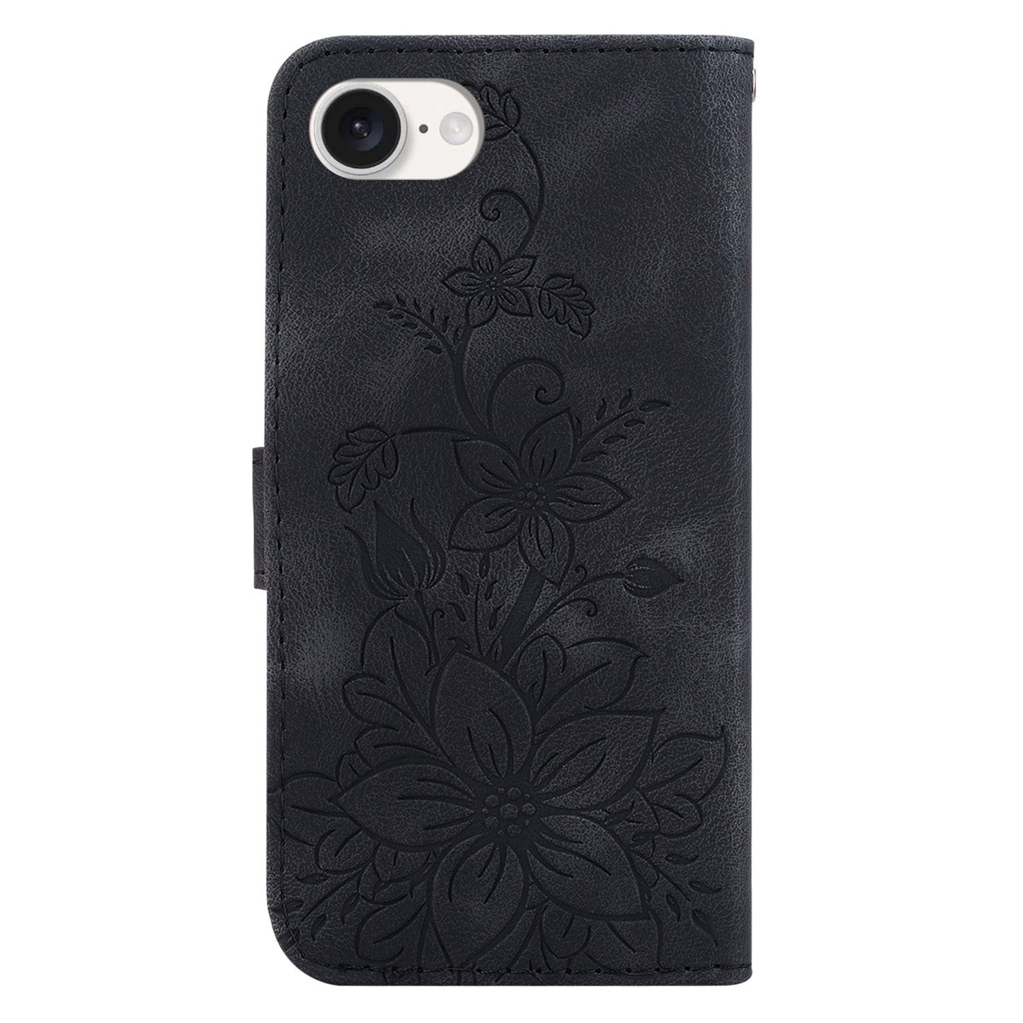 For iPhone 16e Lily Embossed Leather Phone Case(Black)