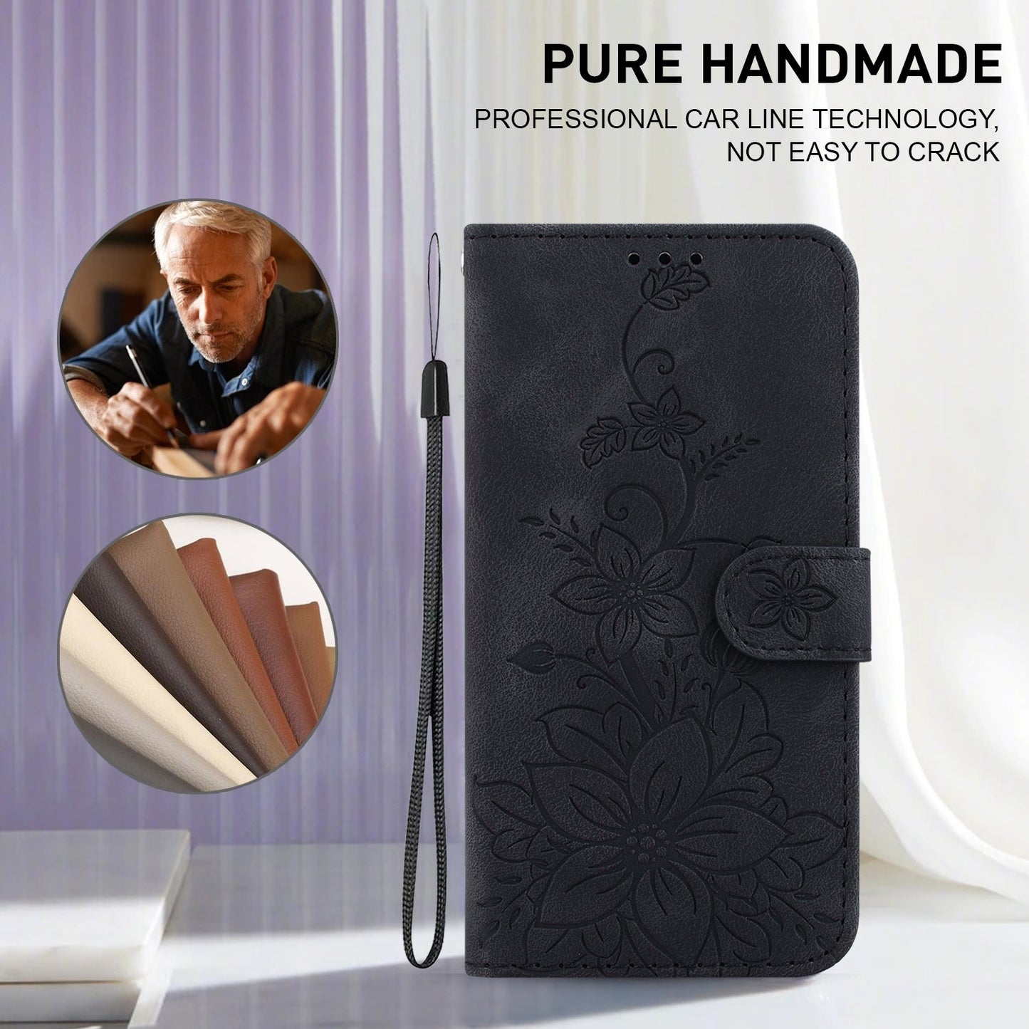 For iPhone 16e Lily Embossed Leather Phone Case(Black)