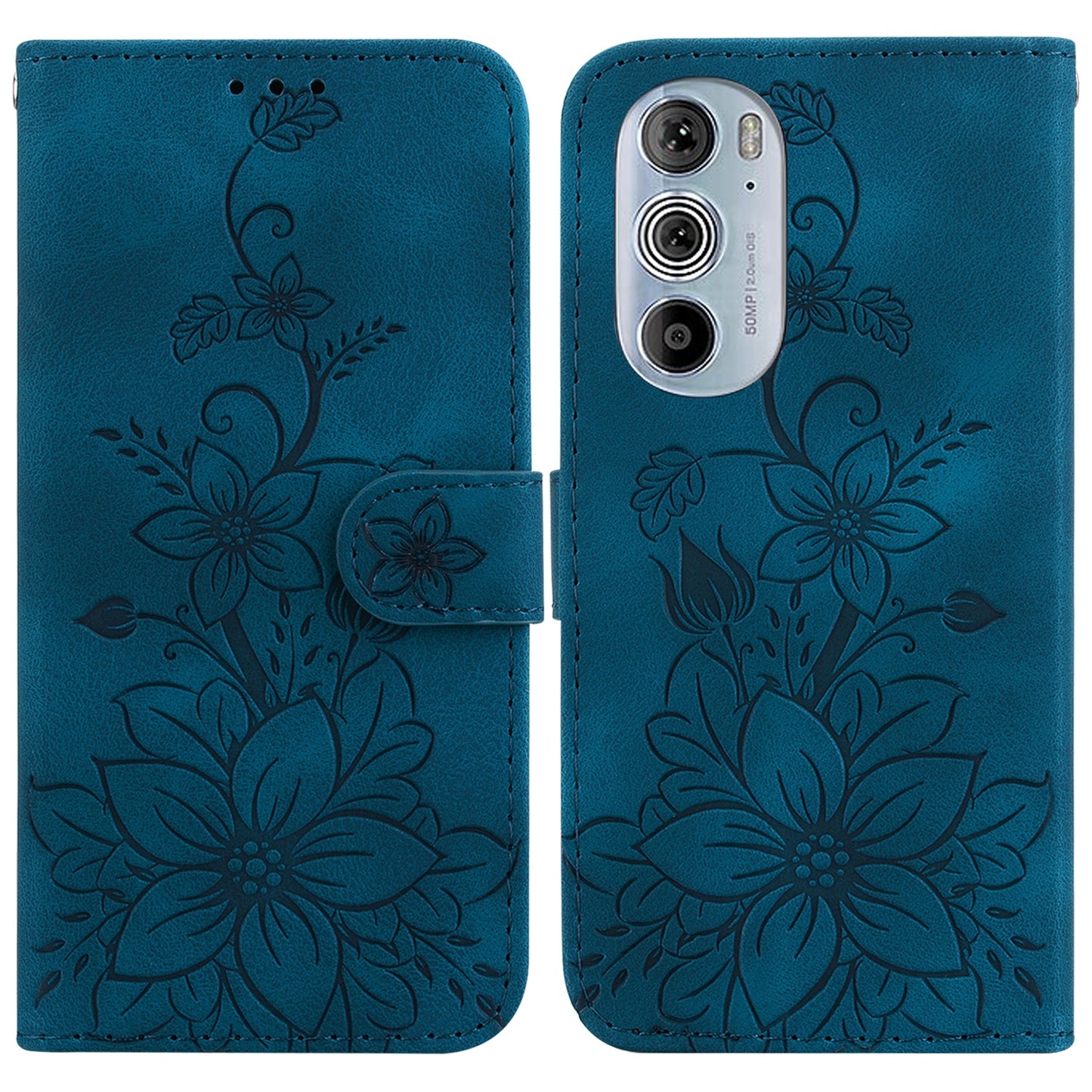 For Motorola Edge 30 Pro / Edge+ 2022 Lily Embossed Leather Phone Case(Dark Blue)