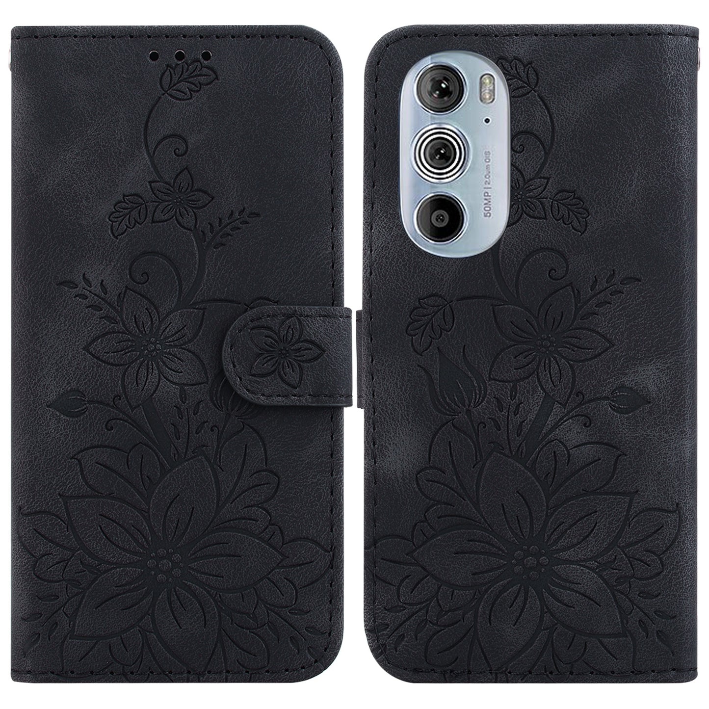 For Motorola Edge 30 Pro / Edge+ 2022 Lily Embossed Leather Phone Case(Black)