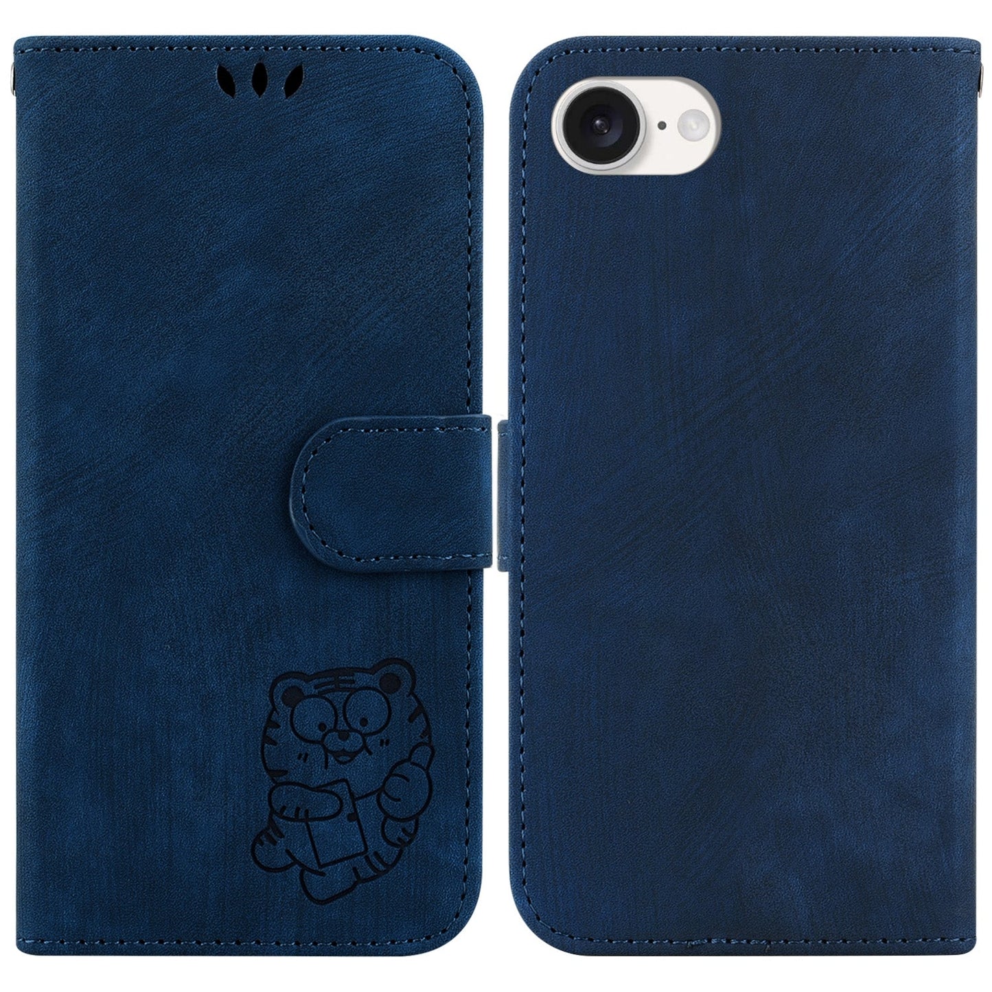For iPhone 16e Little Tiger Embossed Leather Phone Case(Dark Blue)