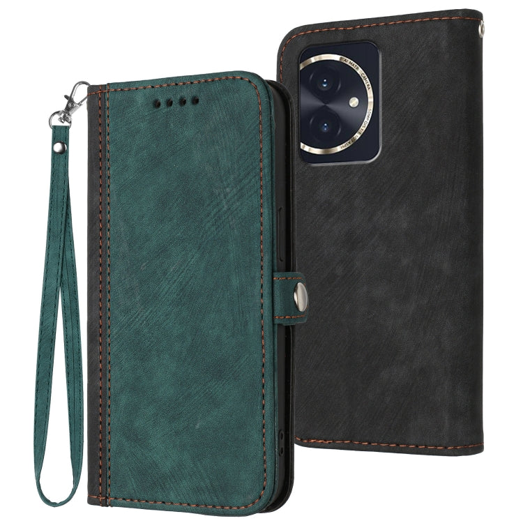 For Honor 100 Side Buckle Double Fold Hand Strap Leather Phone Case(Dark Green)