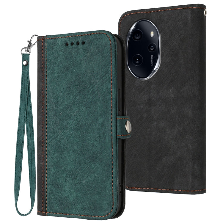 For Honor 100 Pro Side Buckle Double Fold Hand Strap Leather Phone Case(Dark Green)