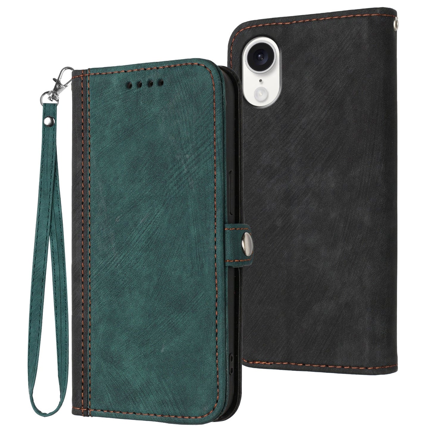 For iPhone 16e Side Buckle Double Fold Hand Strap Leather Phone Case(Dark Green)