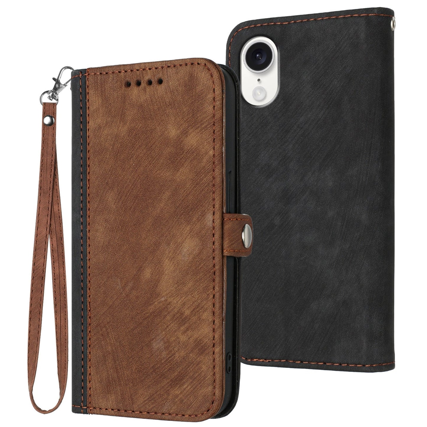 For iPhone 16e Side Buckle Double Fold Hand Strap Leather Phone Case(Brown)
