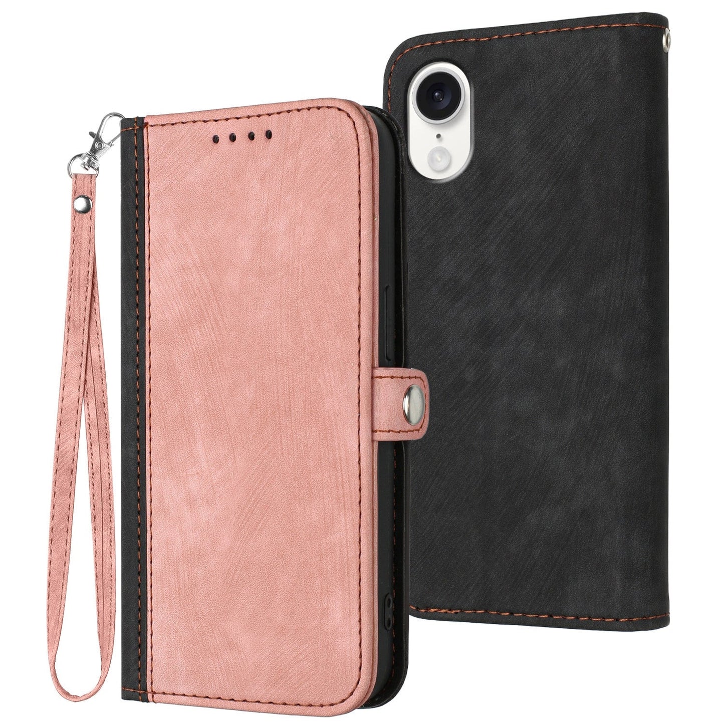For iPhone 16e Side Buckle Double Fold Hand Strap Leather Phone Case(Pink)