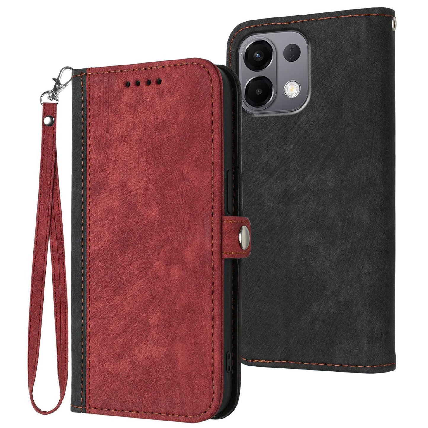 For OPPO K13 5G Side Buckle Double Fold Hand Strap Leather Phone Case(Red)