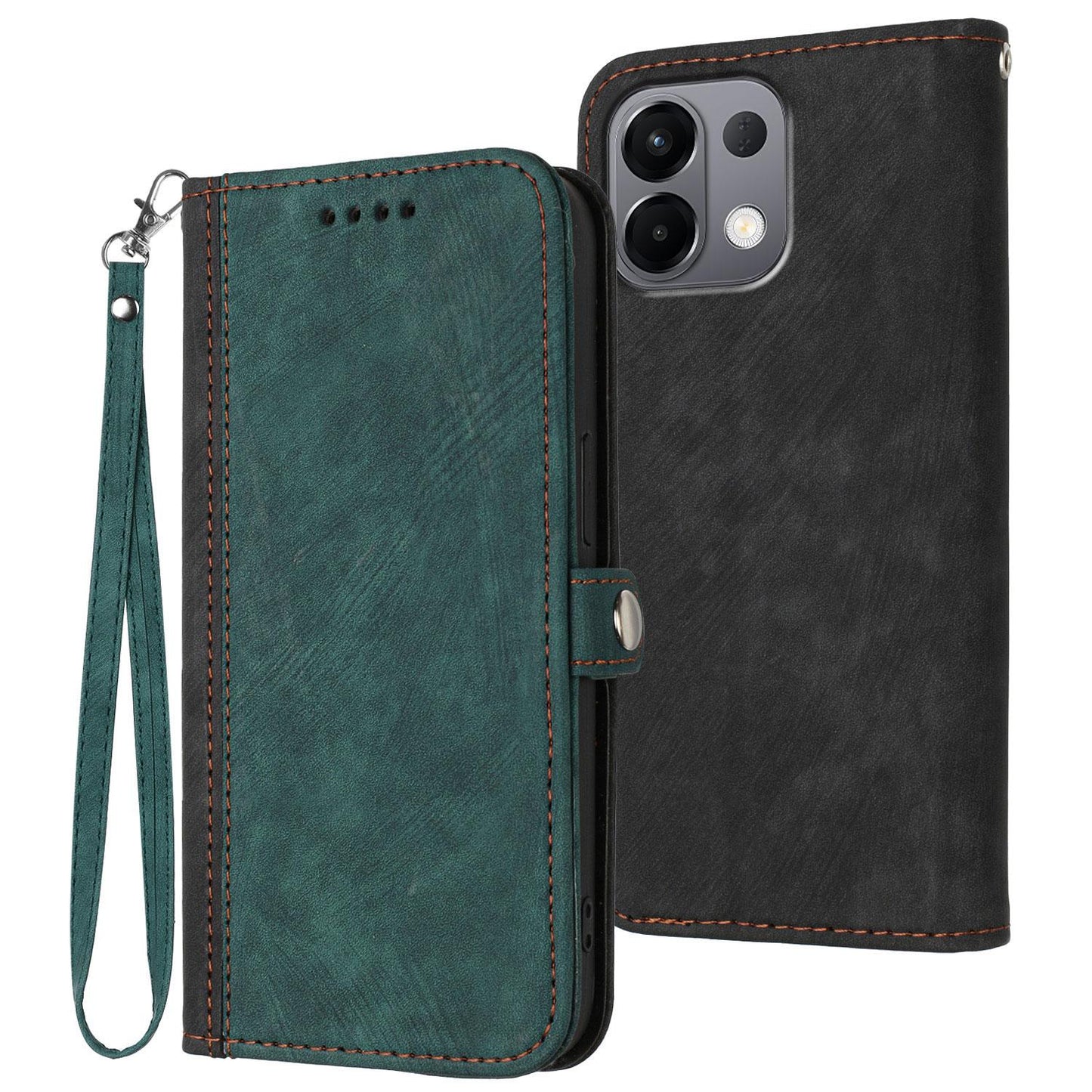 For OPPO K13 5G Side Buckle Double Fold Hand Strap Leather Phone Case(Dark Green)