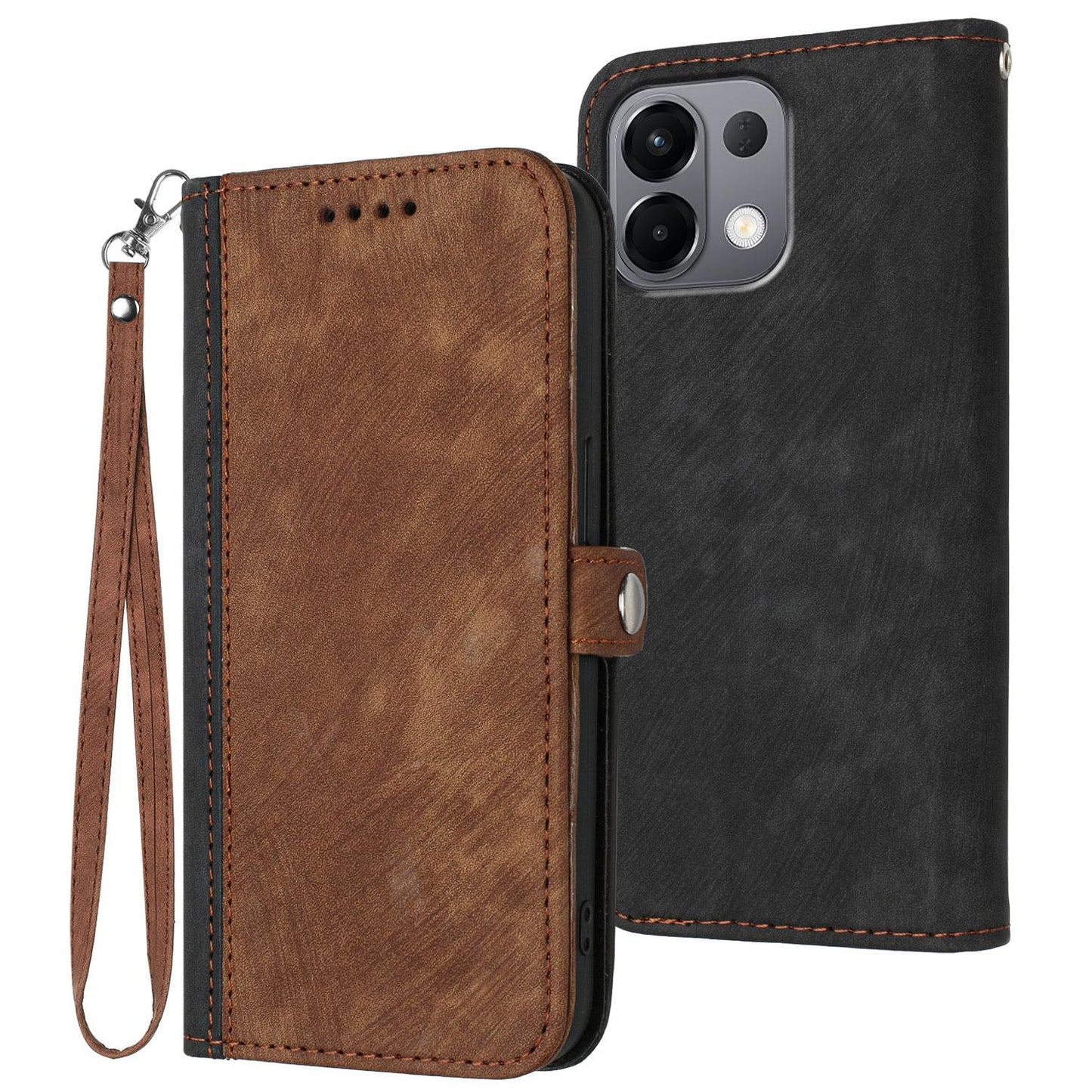 For OPPO K13 5G Side Buckle Double Fold Hand Strap Leather Phone Case(Brown)