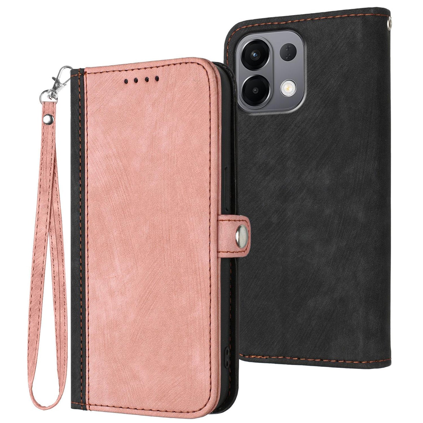 For OPPO K13 5G Side Buckle Double Fold Hand Strap Leather Phone Case(Pink)