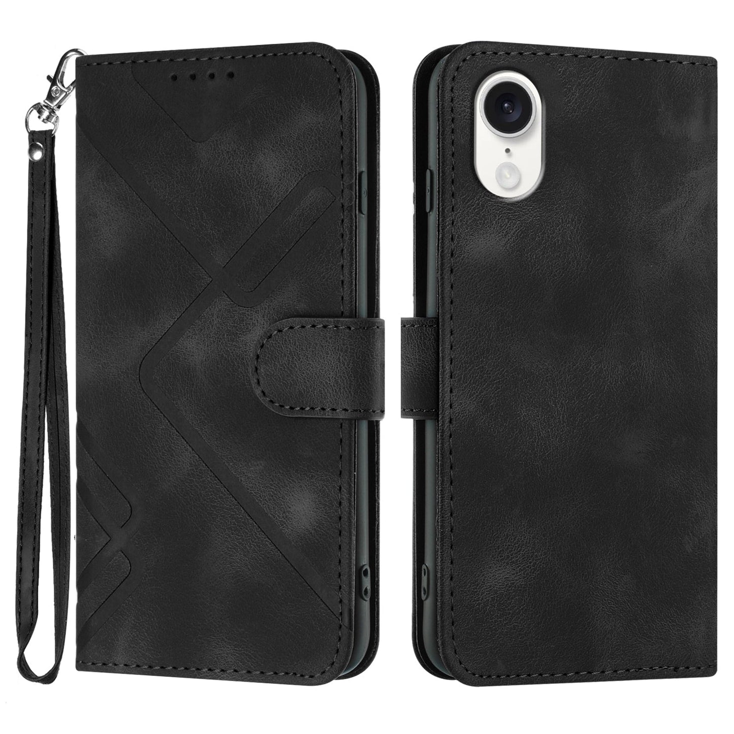 For iPhone 16e Line Pattern Skin Feel Leather Phone Case(Black)