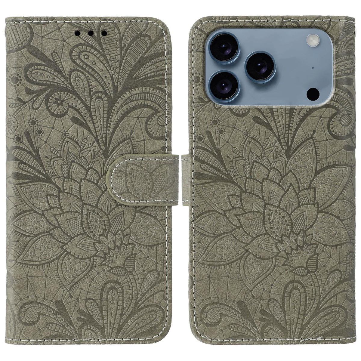 Compatible with iPhone 18 Pro Max & 17 Pro Max Lace Flower Embossing Flip Leather Phone Case - Grey