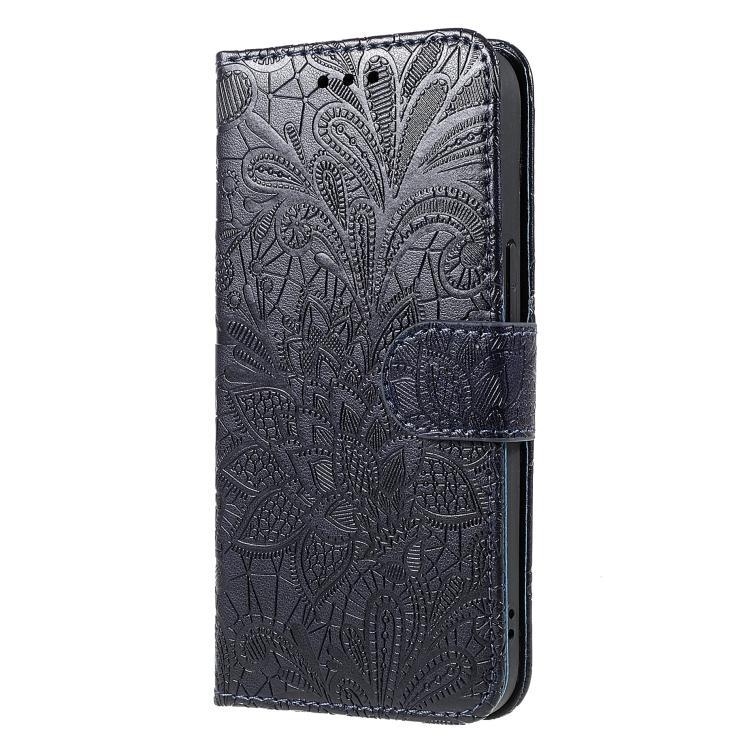 Compatible with iPhone 18 Pro Max & 17 Pro Max Lace Flower Embossing Flip Leather Phone Case - Dark Blue