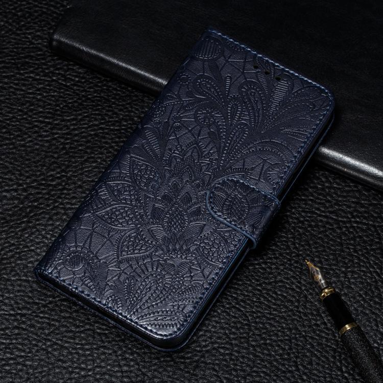 Compatible with iPhone 18 Pro Max & 17 Pro Max Lace Flower Embossing Flip Leather Phone Case - Dark Blue