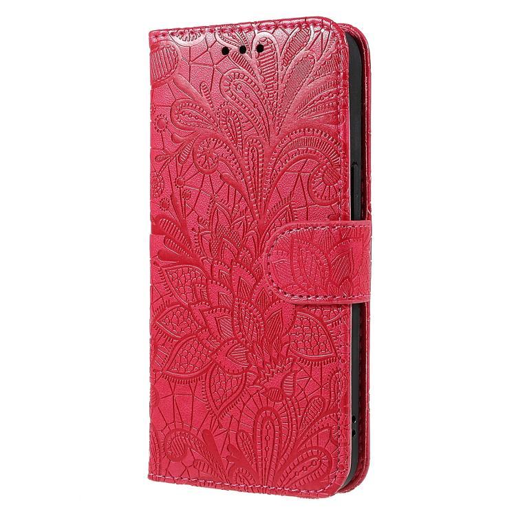 Compatible with iPhone 18 Pro Max & 17 Pro Max Lace Flower Embossing Flip Leather Phone Case - Red