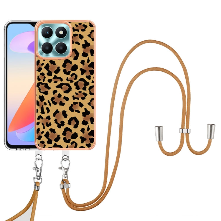 For Honor X6a Electroplating Dual-side IMD Phone Case with Lanyard(Leopard Print)