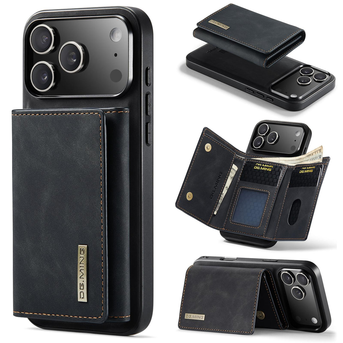 Compatible with iPhone 18 Pro Max & 17 Pro Max DG.MING M1 Series 3-Fold Multi Card Wallet Leather Phone Case - Black