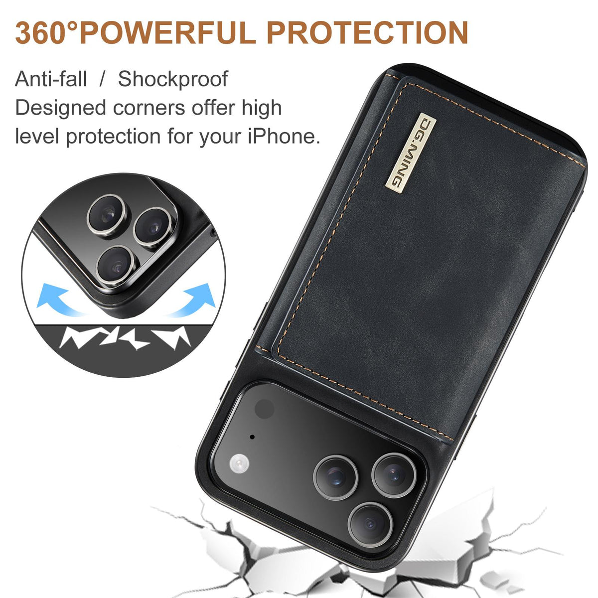 Compatible with iPhone 18 Pro Max & 17 Pro Max DG.MING M1 Series 3-Fold Multi Card Wallet Leather Phone Case - Black