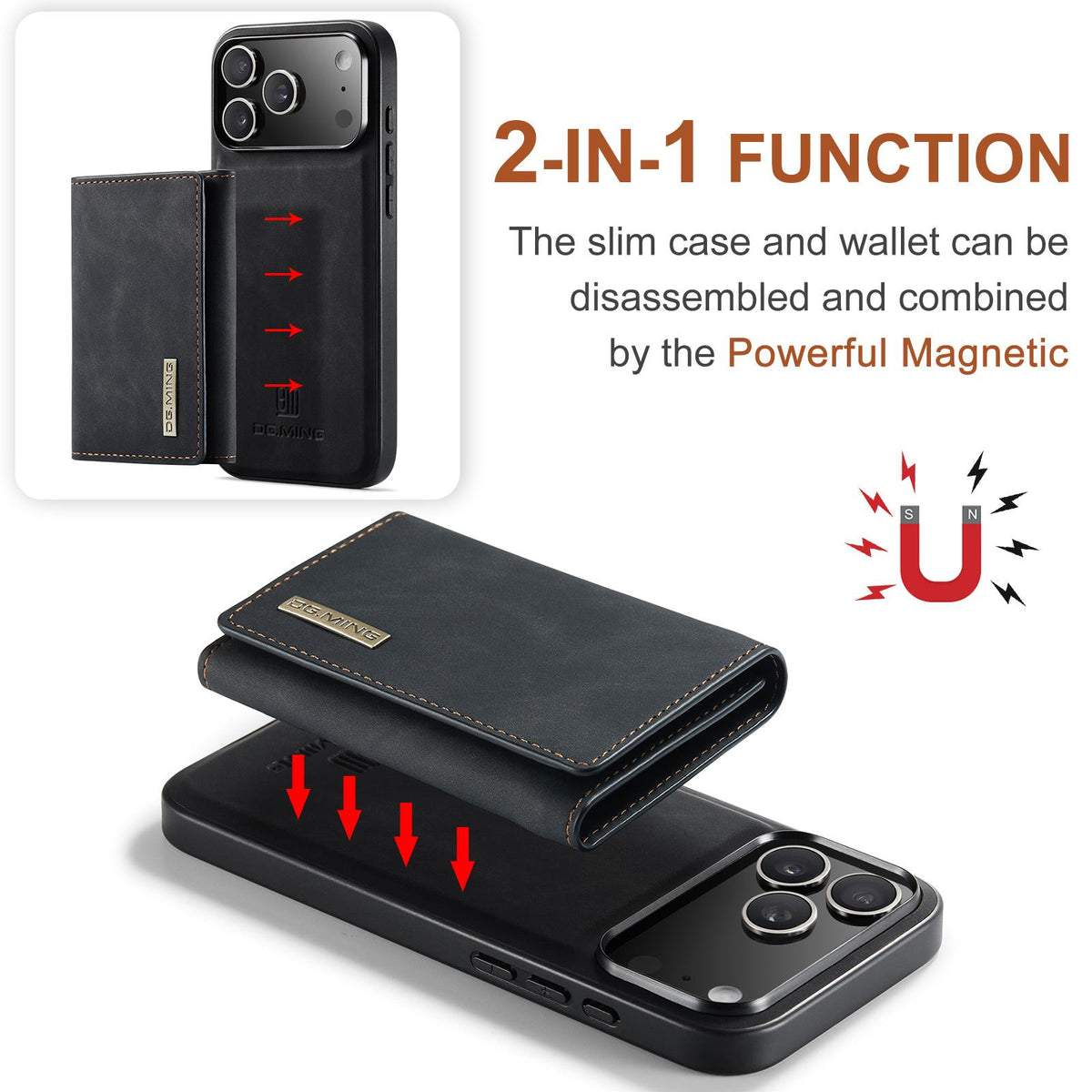 Compatible with iPhone 18 Pro Max & 17 Pro Max DG.MING M1 Series 3-Fold Multi Card Wallet Leather Phone Case - Black
