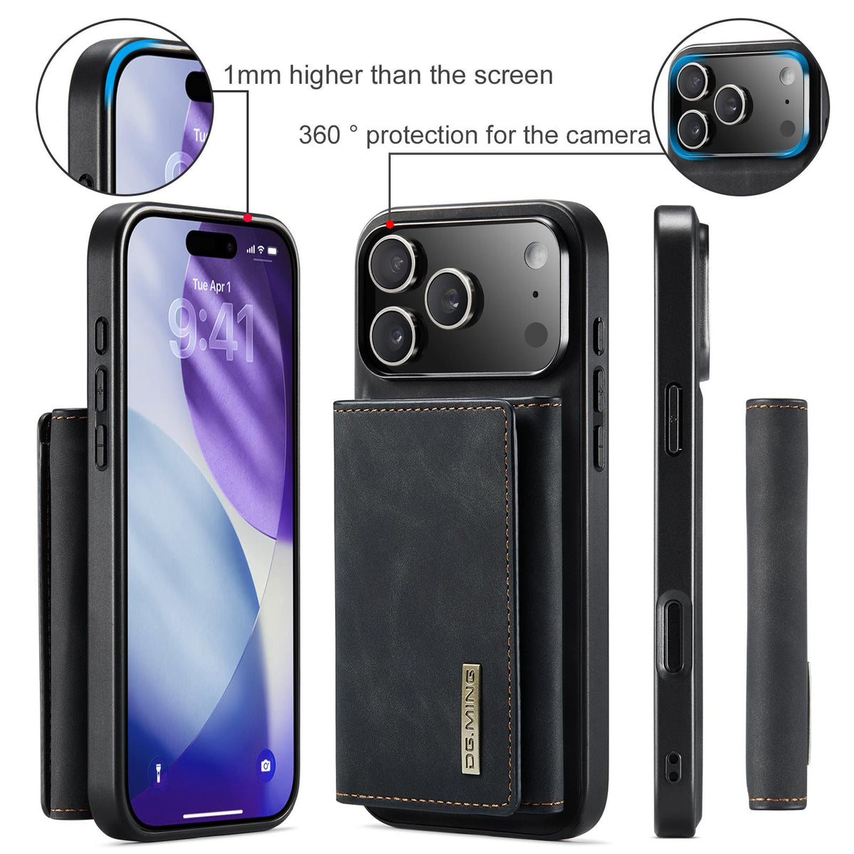 Compatible with iPhone 18 Pro Max & 17 Pro Max DG.MING M1 Series 3-Fold Multi Card Wallet Leather Phone Case - Black