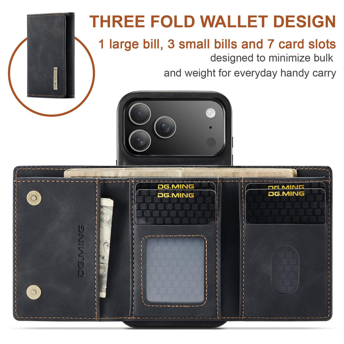Compatible with iPhone 18 Pro Max & 17 Pro Max DG.MING M1 Series 3-Fold Multi Card Wallet Leather Phone Case - Black