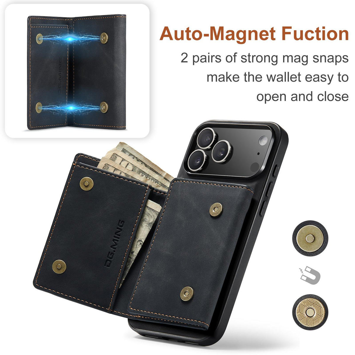 Compatible with iPhone 18 Pro Max & 17 Pro Max DG.MING M1 Series 3-Fold Multi Card Wallet Leather Phone Case - Black