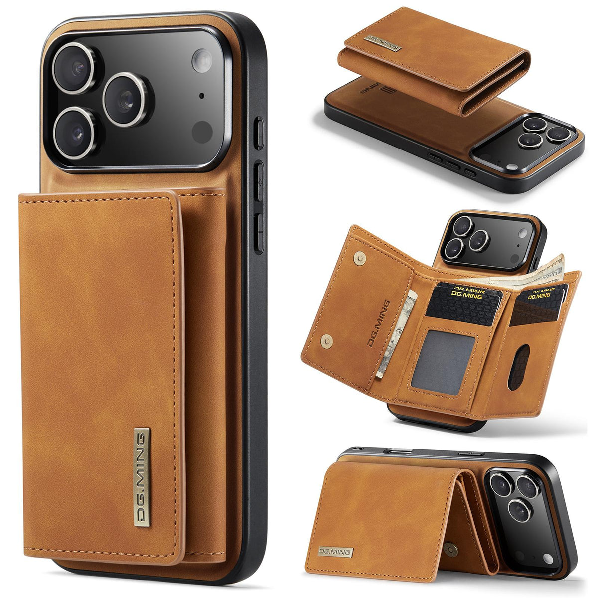 Compatible with iPhone 18 Pro Max & 17 Pro Max DG.MING M1 Series 3-Fold Multi Card Wallet Leather Phone Case - Brown