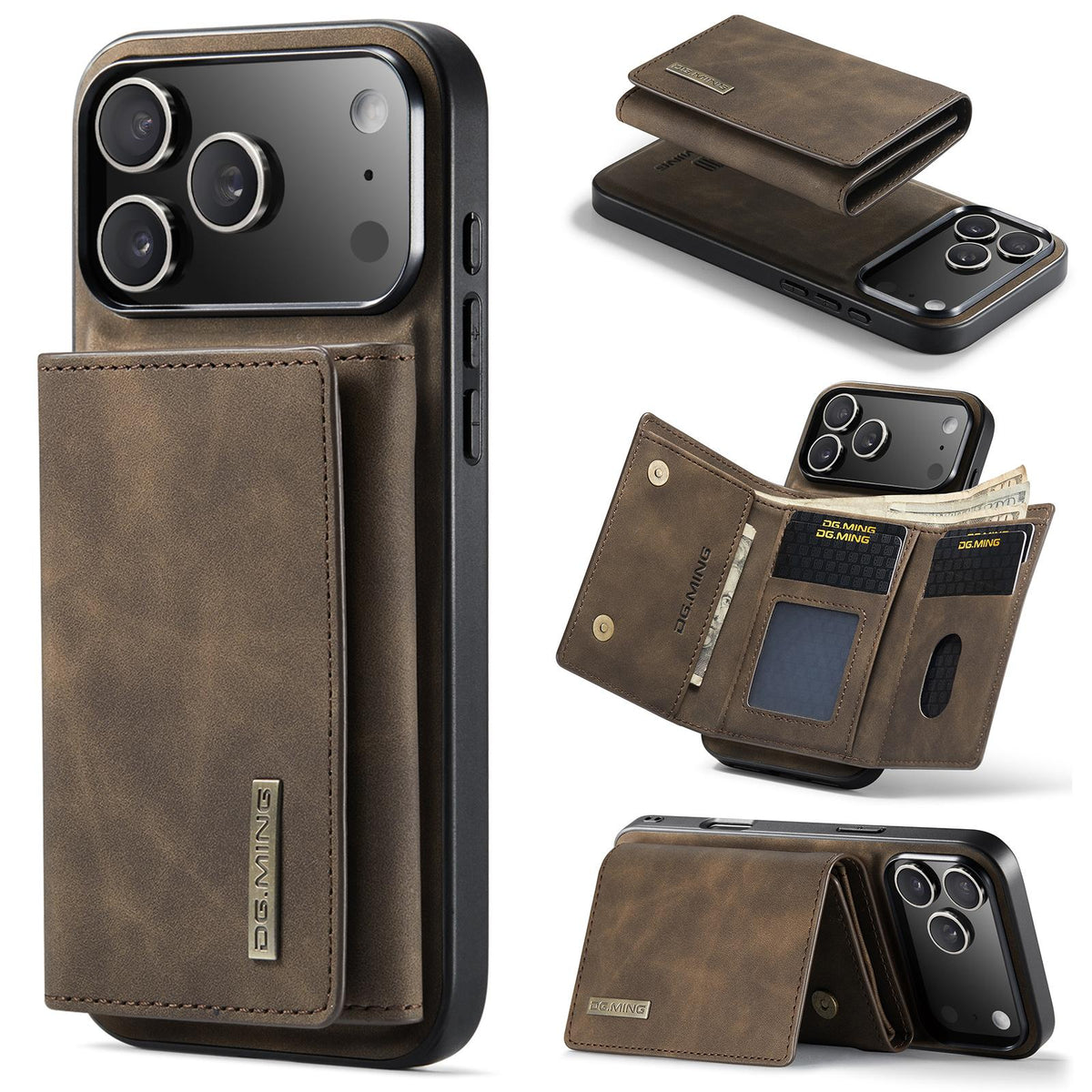 Compatible with iPhone 18 Pro Max & 17 Pro Max DG.MING M1 Series 3-Fold Multi Card Wallet Leather Phone Case - Coffee