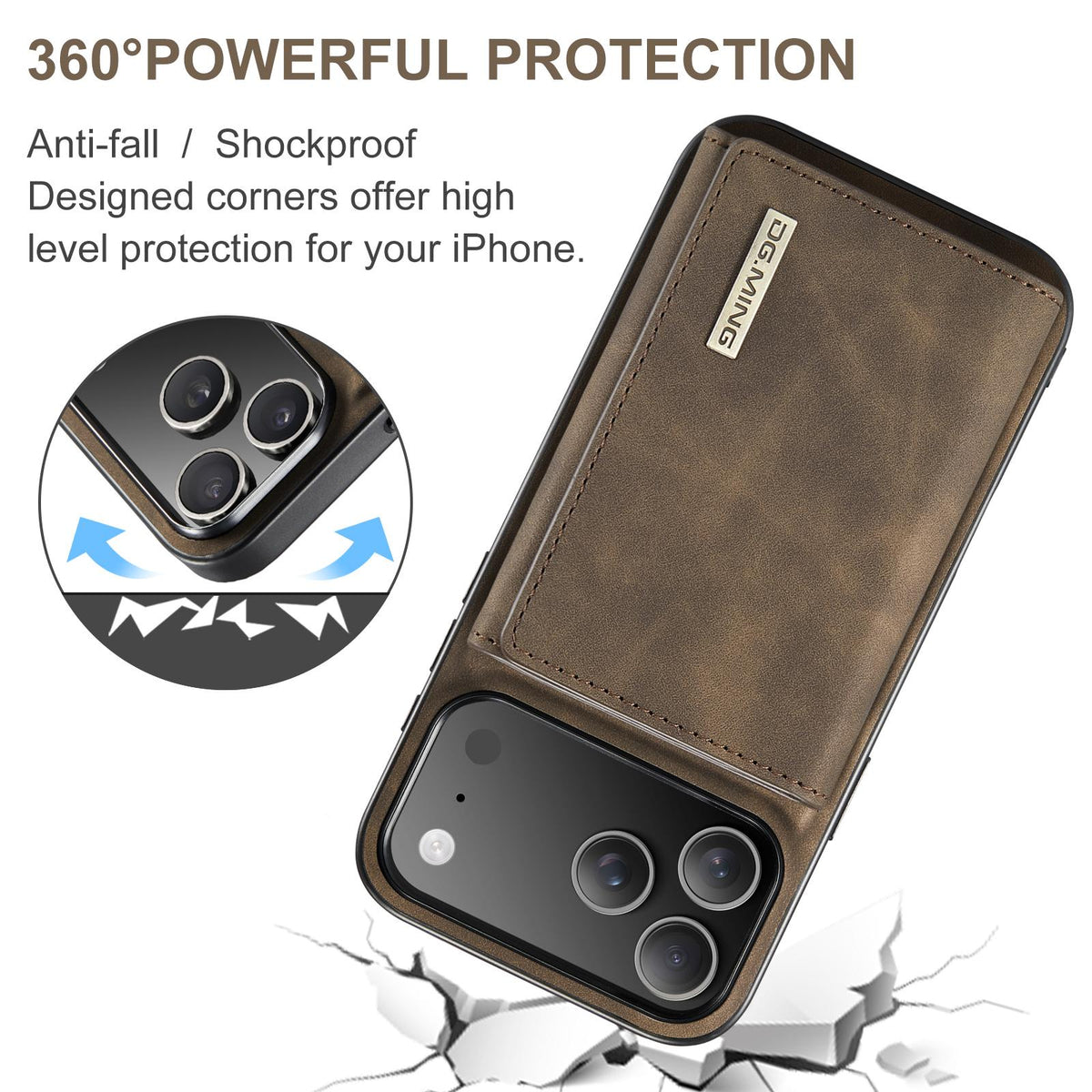 Compatible with iPhone 18 Pro Max & 17 Pro Max DG.MING M1 Series 3-Fold Multi Card Wallet Leather Phone Case - Coffee