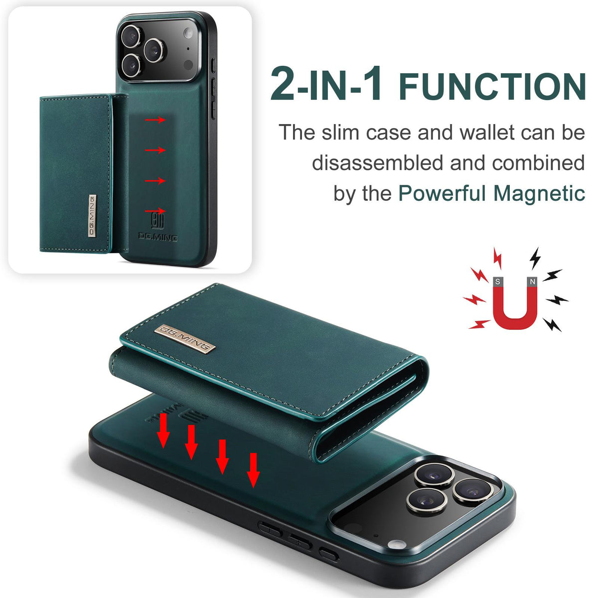Compatible with iPhone 18 Pro Max & 17 Pro Max DG.MING M1 Series 3-Fold Multi Card Wallet Leather Phone Case - Green