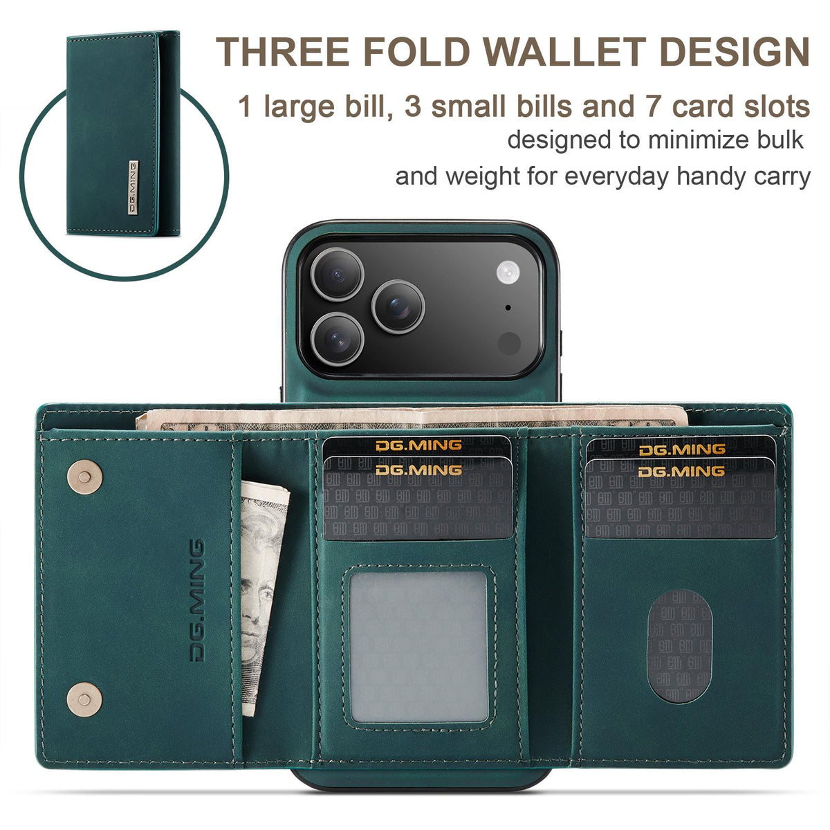 Compatible with iPhone 18 Pro Max & 17 Pro Max DG.MING M1 Series 3-Fold Multi Card Wallet Leather Phone Case - Green