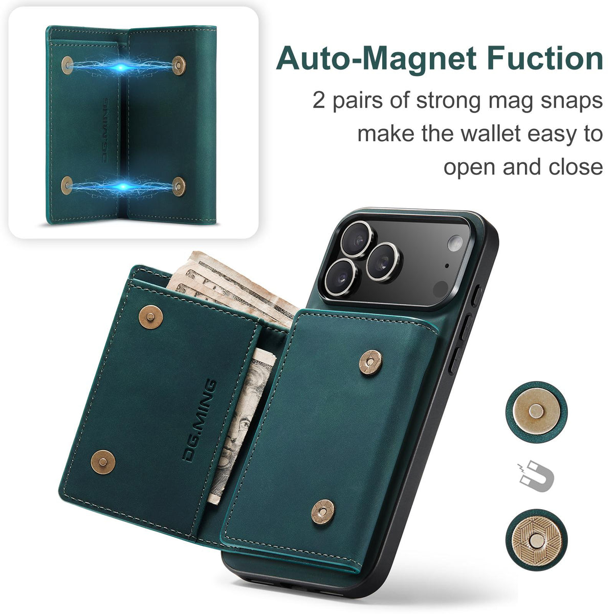 Compatible with iPhone 18 Pro Max & 17 Pro Max DG.MING M1 Series 3-Fold Multi Card Wallet Leather Phone Case - Green