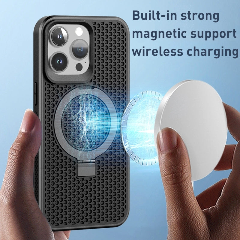 For iPhone 15 Pro Max Skin Feel PC+TPU Cooling Magnetic Magsafe Phone Case with Stand(Pink)