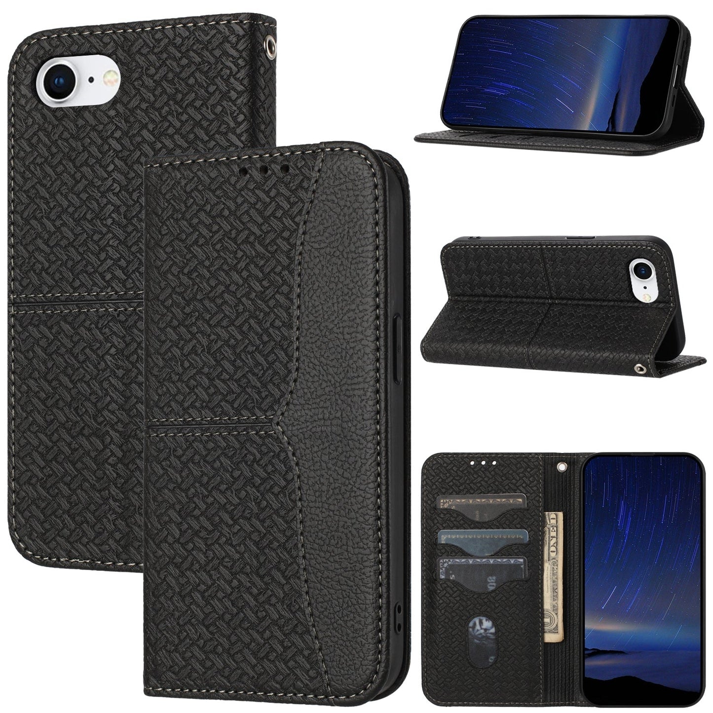 For iPhone 16e Woven Texture Stitching Magnetic Leather Phone Case(Black)
