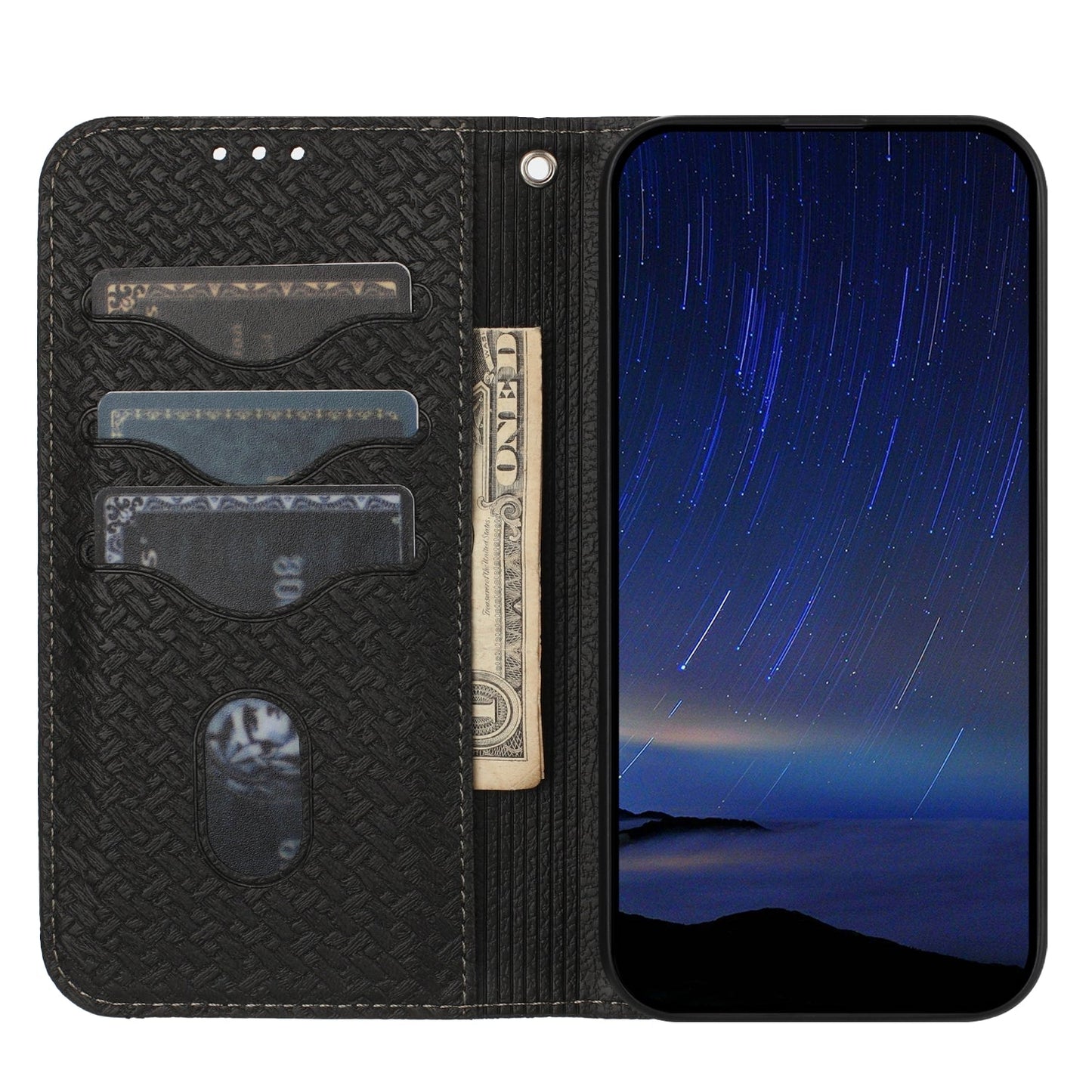 For iPhone 16e Woven Texture Stitching Magnetic Leather Phone Case(Black)