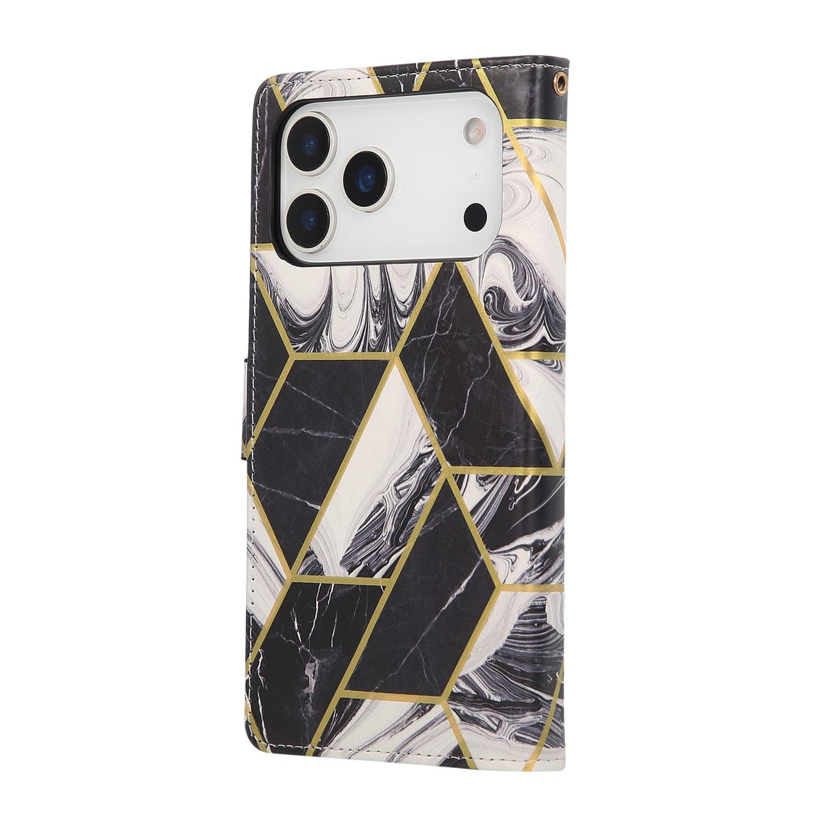 Compatible with iPhone 18 Pro Max & 17 Pro Max Marble Bronzing Stitching Leather Phone Case - Black