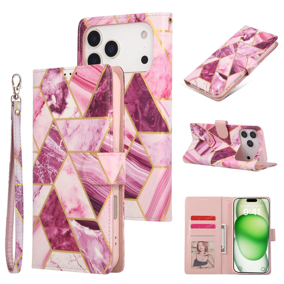 Compatible with iPhone 18 Pro & 17 Pro Marble Bronzing Stitching Leather Phone Case - Purple