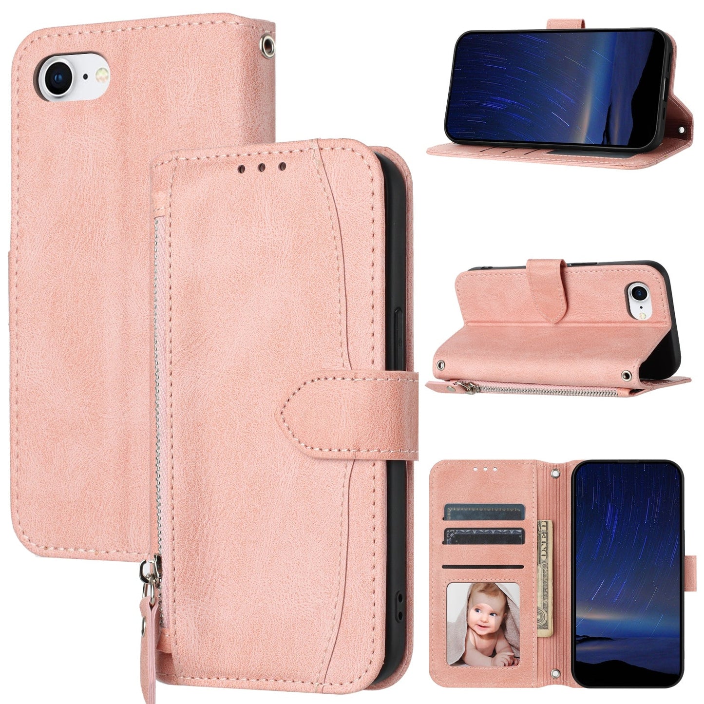 For iPhone 16e Oil Skin Zipper Wallet Leather Phone Case(Pink)