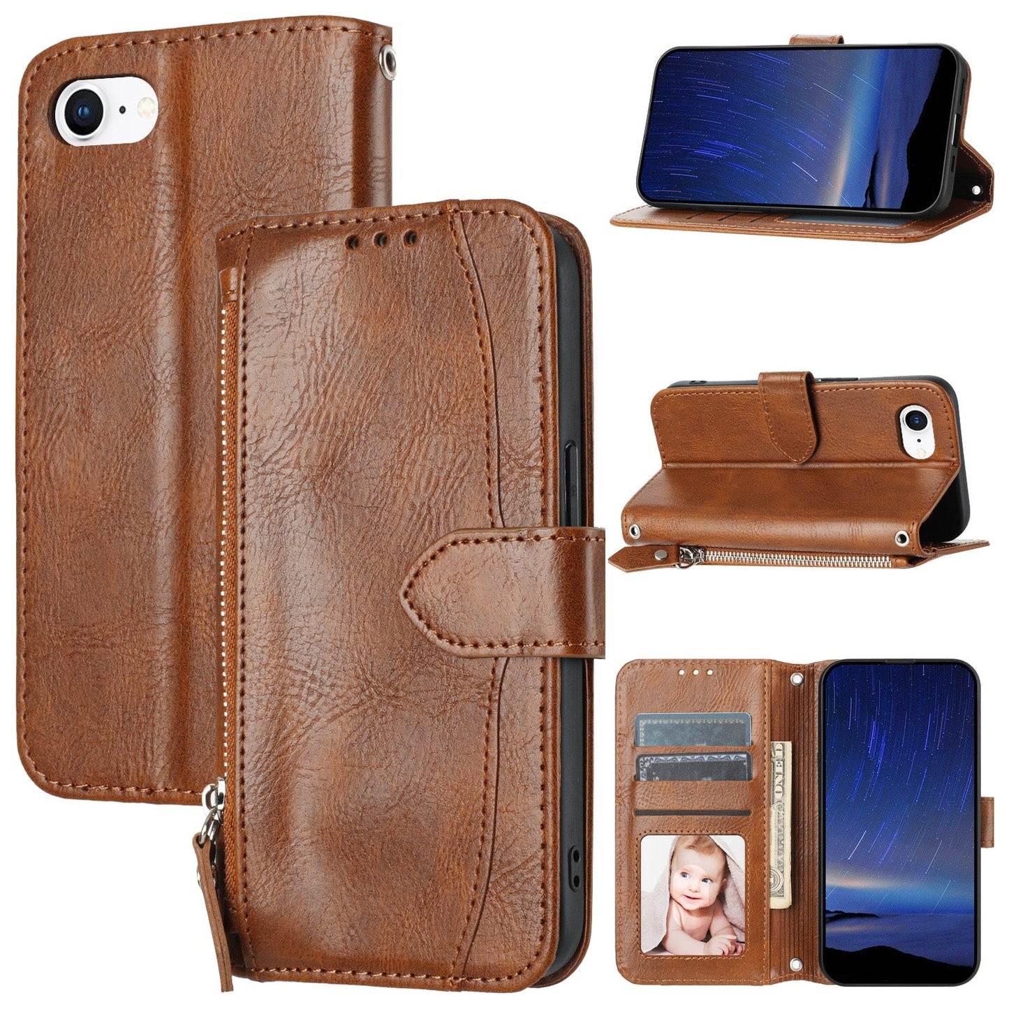 For iPhone 16e Oil Skin Zipper Wallet Leather Phone Case(Brown)