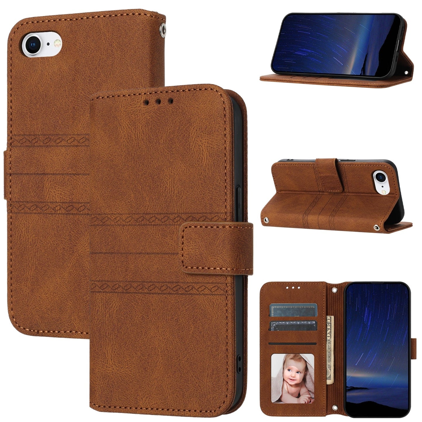 For iPhone 16e Embossed Stripes Skin Feel Leather Phone Case(Brown)