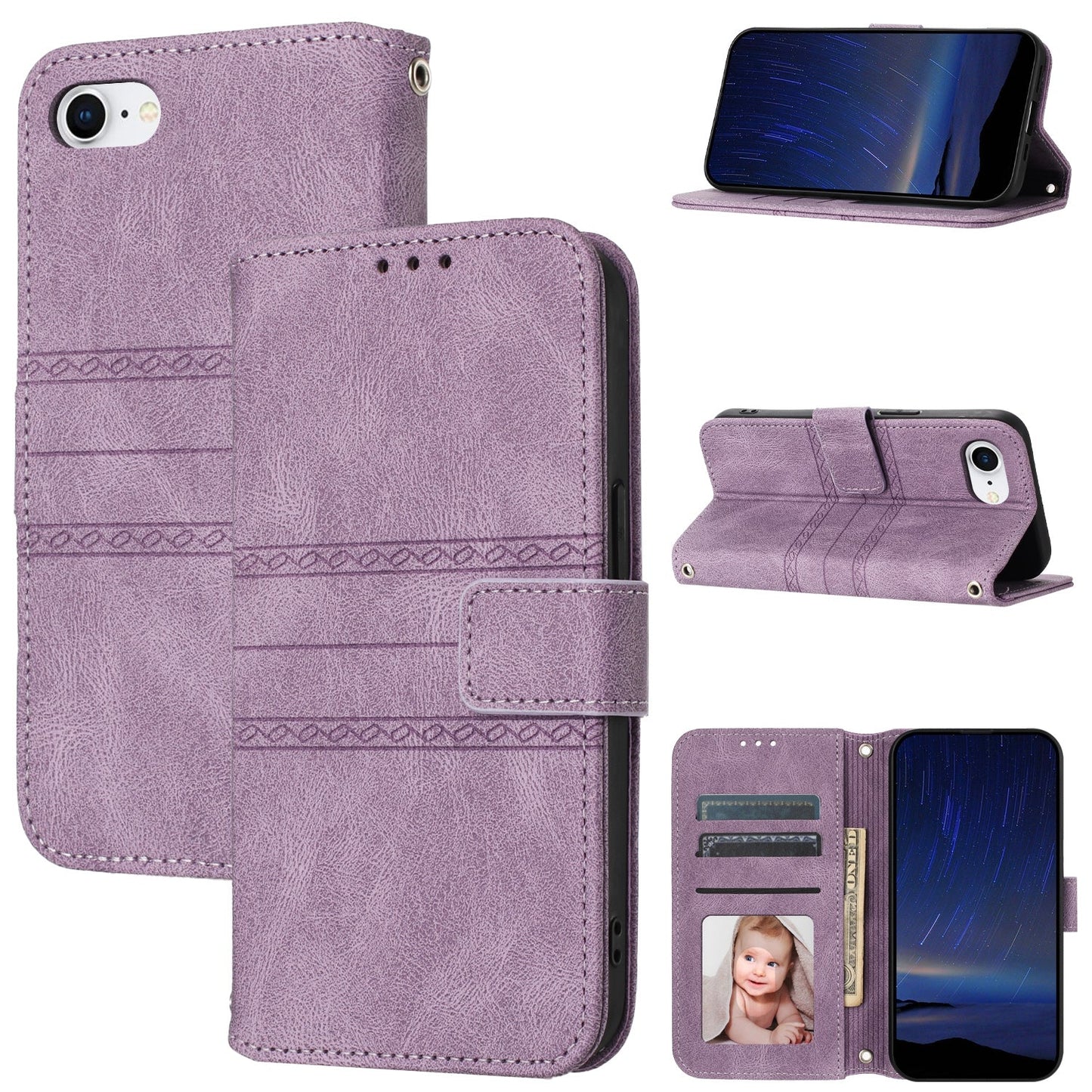 For iPhone 16e Embossed Stripes Skin Feel Leather Phone Case(Light Purple)