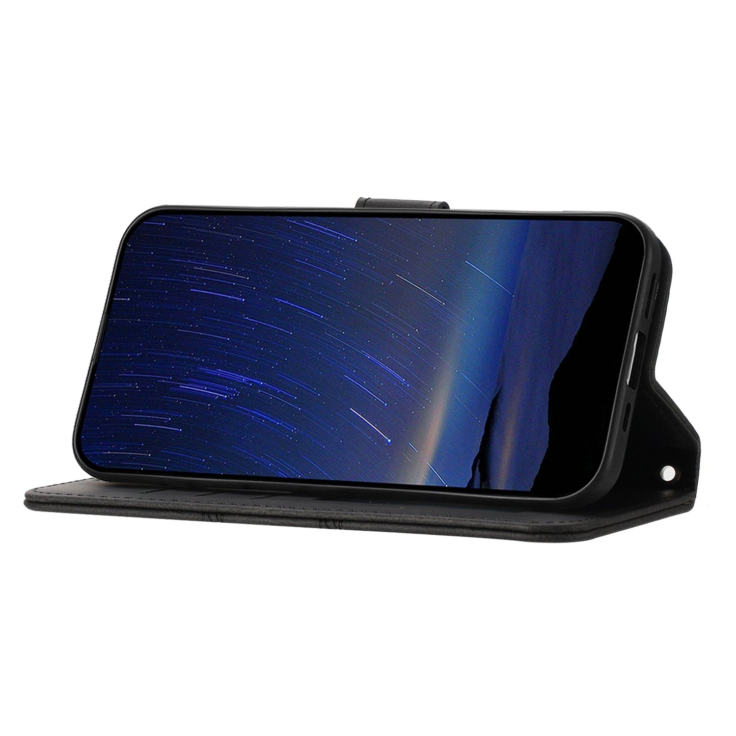 For iPhone 16e Embossed Stripes Skin Feel Leather Phone Case(Black)
